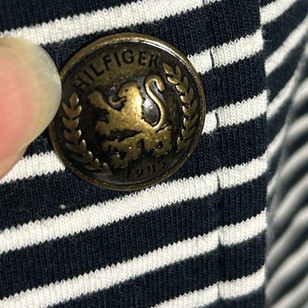 Tommy Hilfiger Striped Puff Sleeve Open Blazer Jacket Navy Large Gold Button - Picture 11 of 16